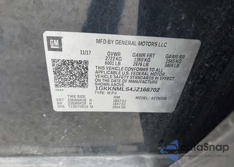 2018 GMC Acadia Slt-1 z USA, uszkodzony, nr VIN 1GKKNMLS4JZ166702